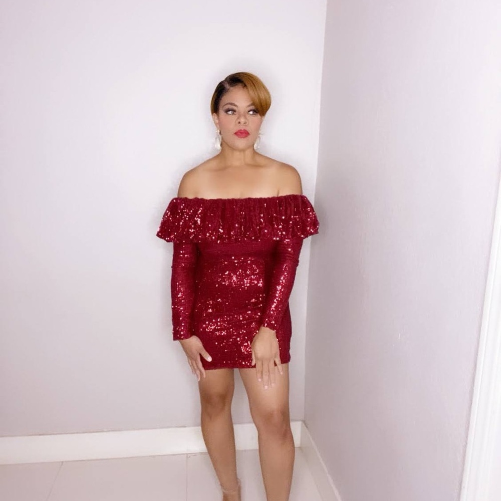 Elegant Red Sequin Off-Shoulder Dress